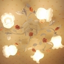 White 5-Head Semi Flush Chandelier Pastoral Style Frosted Glass Floweret Close to Ceiling Light