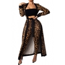 Womens Co-ords Fashionable Leopard Skin Pattern Long Sleeve Maxi Open Front Jacket Ankle Length Pants Slim Fit Co-ords with Tie-Belt