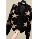 Novelty Womens Cardigan Star Pattern Button down Loose Fit V Neck Long Sleeve Cardigan