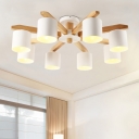 White Cylinder Semi Flush Light Fixture Nordic 5/6/8-Light Iron Close to Ceiling Lamp with Wood Arm