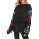 Womens Cool Glitter Sequined Patched Long Sleeve Round Neck Scalloped Hem Black Sweatshirt