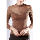 Stylish Women's Tee Top Patchwork Sheer Mesh Lace Trim Glitter Detailed Mock Neck Long Sleeves Slim Fit T-Shirt