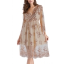 Womens Dress Stylish Sequin Decoration Scalloped Trim 3/4 Sleeve Midi Slim Fitted Surplice Neck A-Line Dress