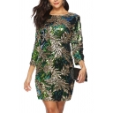 Womens Dress Trendy Sequin Leaf Zipper Back Short Slim Fitted Round Neck 3/4 Sleeve Bodycon Dress