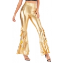 Novelty Womens Pants Metallic Layer Ruffle Hem High Rise Full Length Relaxed Fit Flare Relaxed Pants