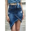 Creative Womens Skirt Medium Wash Ripped Pearl Rivet Detail Asymmetric Hem Mention Hip High Rise Short Denim Bodycon Skirt