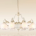 Dome Opal Glass Ceiling Hang Light Retro 11-Bulb Dining Room Chandelier with Lettuce Trim in White
