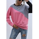 Retro Womens T-Shirt Color Block Panel Drop Shoulder Crew Neck Long Sleeve Loose Fitted T-Shirt