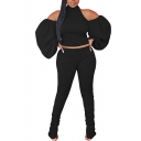 Stylish Womens Set Backless Solid Color off the Shoulder Halter Neck Tie Back Ruched Detailed Long Puff Sleeves With Split Hem Mid Waist Pants Co-ords