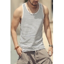 Mens Summer Fashion Striped Print Round Neck Sleeveless Casual Simple Tank Top