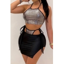 Stylish Women's Co-ords Contrast Trim Bright Design Backless Strapped Cropped Top with Drawstring Waist Hollow out Split Skirt