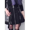 Stylish Women's Skirt Buckle Chain Patchwork Solid Color Zip down High Waist Pleated Regular Fitted Short Skirt