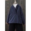 Creative Womens Padded Jacket Plain Cotton Linen Frog Button Detail Loose Fit Long Sleeve Cheongsam-Jacket