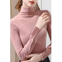 Fashionable Women's Knit Top Solid Color Pleated Hem Mock Neck Long Sleeves Fitted Sweater