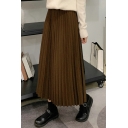 Womens Skirt Stylish Solid Color Woolen High Elastic Rise Midi A-Line Pleated Skirt