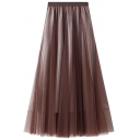 Womens Skirt Chic Pleuche Bright Silk Mesh Convertible Midi High Elastic Waist A-Line Skirt