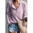 Classic Womens Sweater Solid Color Button Detail Long Drop-Sleeve Relaxed Fitted Round Neck Sweater
