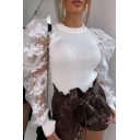 Fancy Women's Tee Top Patchwork Mesh Gauze Rib-Knitted Round Neck Long Puff Sleeves Regular Fitted Tee Top