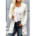 Fancy Women's Cardigan Cable Knitted Solid Color Front Pockets Button-down Ribbed Trims Long Sleeves Regular Fitted Cardigan