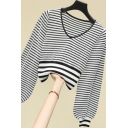 Womens Sweater Trendy Zigzag Pattern Stripe-Trim Waist Controlled Slim Fitted Long Bishop Sleeve V Neck Sweater