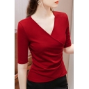 Popular Tee Top Wrapped Solid Color Asymmetrical V Neck Half Sleeves Slim Fitted T-Shirt for Women
