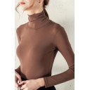 Classic Womens Tee Top Solid Color Mesh Slim Fitted High Neck Long Sleeve Bottoming T-Shirt