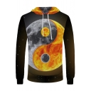 Mens Fashionable Long Sleeve Drawstring Yin Yang Planet 3D Printed Relaxed Fit Hoodie in Black