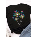 Stylish Women's T-Shirt Abstract Flower Paws Pattern Rolled Cuffs Round Neck Short-sleeved Relaxed Fit Tee Top