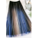 Elegant Women's Skirt Ombre Pattern Pleated Gauze Mesh Skirt Long A-Line Skirt