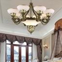 Bronze 11-Head Chandelier Traditional Frosted White Glass Bowl/Flared Ceiling Suspension Lamp for Bedroom