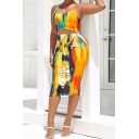 Stylish Women's Set Tie Dye Pattern Scoop Neck Sleeveless Slim Fitted Crop Top with Tie Detail High Waist Midi Skirt Co-ords