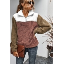 Basic Womens Jacket Color Block Panel Thickened Slim Fitted Long Sleeve Turn-down Collar Pullover Jacket