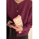 Creative Womens Cardigan Solid Color Button Fly Long Sleeve Relaxed Fit Crew Neck Cardigan