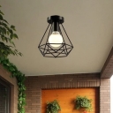 Diamond Shaped Foyer Flushmount Retro Iron 1-Light Black Semi Flush Mount Ceiling Light