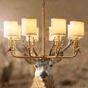 Metal Deer Head Hanging Light Rural 3/6/8 Bulbs Living Room Chandelier Lamp in Gold with Cylinder Fabric Shade