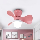 Macaron Floral 3-Blade Pendant Fan Lamp Metal Kids Bedroom LED Semi Flush Light in Black/Pink/Grey with Dome Acrylic Shade, 22