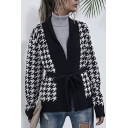 Trendy Women's Cardigan Houndstooth Pattern Contrast Trim Belted Open Front Long Sleeves Regular Fitted Cardigan