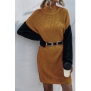 Fancy Women's Sweater High Neck Rib Knitted Contrast Color High Neck Long-sleeved Relaxed Fit Sweater with Belt
