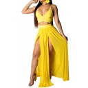Creative Womens Co-ords Plain Chiffon Double High Slit Slim Fitted Floor Length Skirt Deep V Neck Spaghetti Strap Cropped Sleeveless Camisole Co-ords