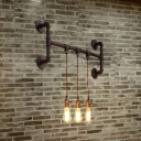 Black 3-Head Wall Light Fixture Warehouse Iron Bare Bulb Design Wall Mounted Lamp with Bracket