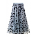 Womens Skirt Trendy Flocked Flower Pleated High Elastic Rise Midi A-Line Tulle Skirt