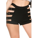 Creative Womens Shorts Solid Color Cut-out Buckle Side Stretch Slim Fitted Short Shorts