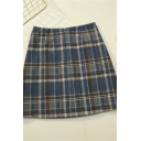 Basic Women's Skirt Plaid Pattern Invisible Zipper Slim Fitted Mini A-Line Skirt