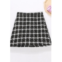 Unique Womens Skirt Plaid Print Tweed Invisible Zipper Back High Rise Mini Bodycon Skirt