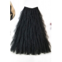 Basic Womens Skirt Solid Color Asymmetric Layered Tulle Midi High Elastic Waist A-Line Skirt