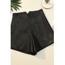 Basic Womens Shorts PU Leather Invisible Zipper Side Wide Leg High Waist Regular Fitted Relaxed Shorts