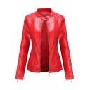 New Fashion Simple Plain Zip Placket Long Sleeve Leather Jacket