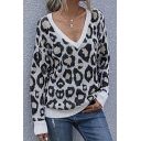 Womens Sweater Trendy Leopard Skin Pattern Contrast Trim Slim Fitted V Neck Long Sleeve Bottoming Sweater