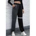 Creative Womens Pants Contrast Panel Stripe-Patchwork Elastic Waist Cuffed 7/8 Length Regular Fit Tapered Sport Pants