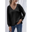 Fashionable Women's Knit Top Solid Color V Neck Long Sleeves Regular Fitted Drop Shoulder Knit Top